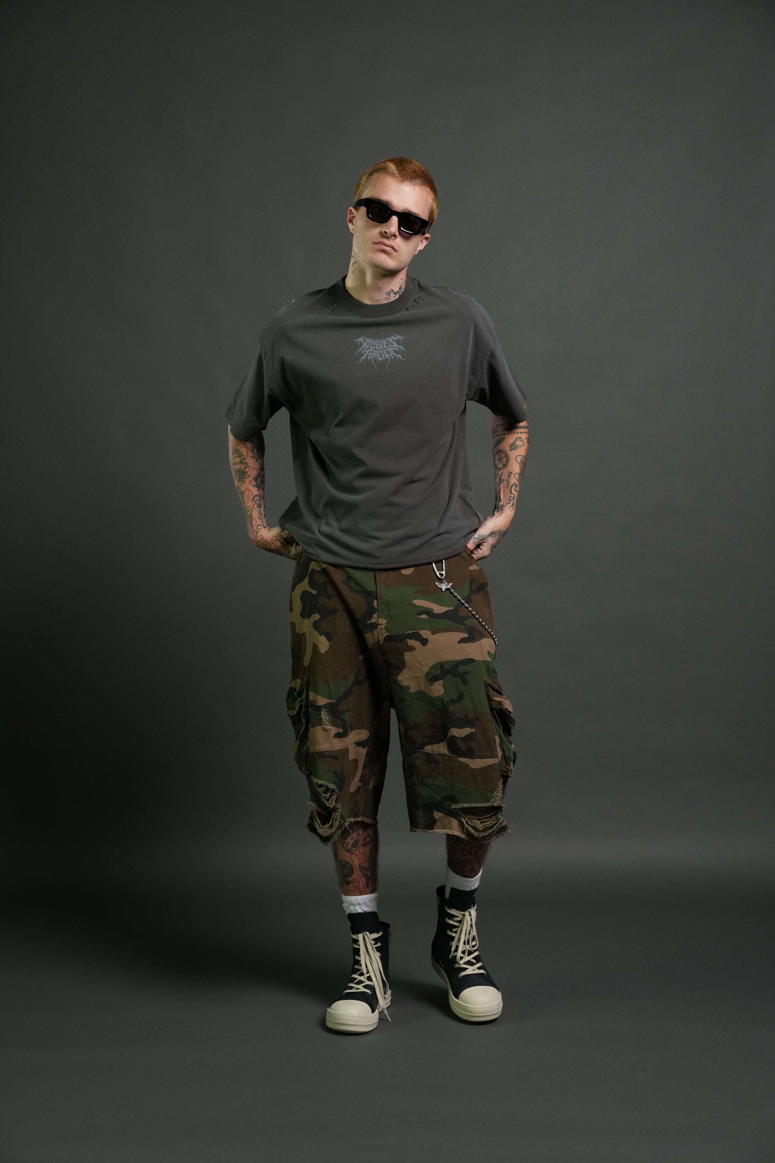 Rise of Beru Grunge Mid-Length Raw Hem Tee in Wolf Gray Sun Fade