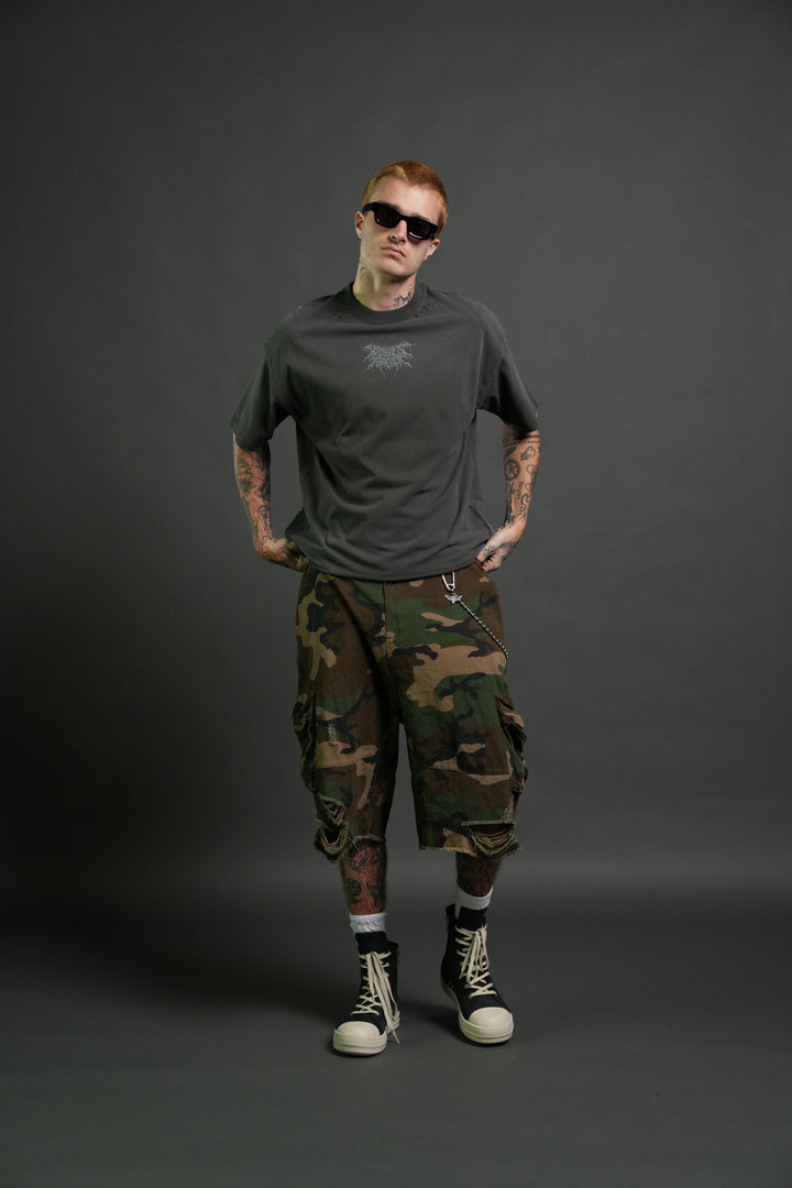 Rise of Beru Grunge Mid-Length Raw Hem Tee in Wolf Gray Sun Fade