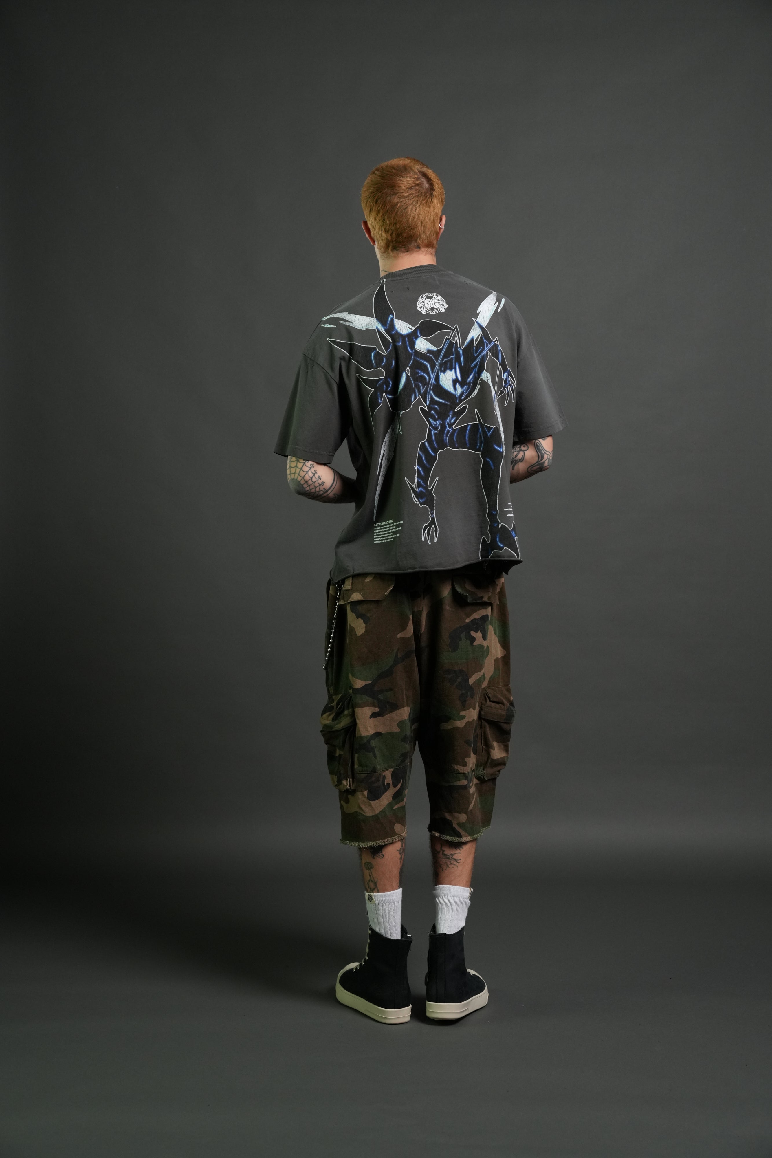 Rise of Beru Grunge Mid-Length Raw Hem Tee in Wolf Gray Sun Fade