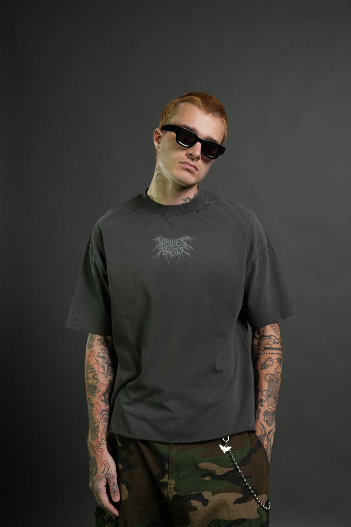 Rise of Beru Grunge Mid-Length Raw Hem Tee in Wolf Gray Sun Fade