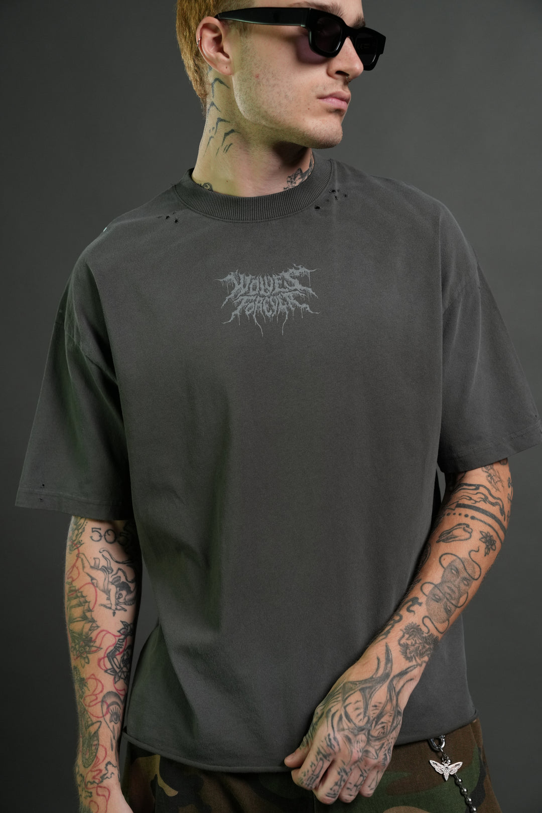 Rise of Beru Grunge Mid-Length Raw Hem Tee in Wolf Gray Sun Fade