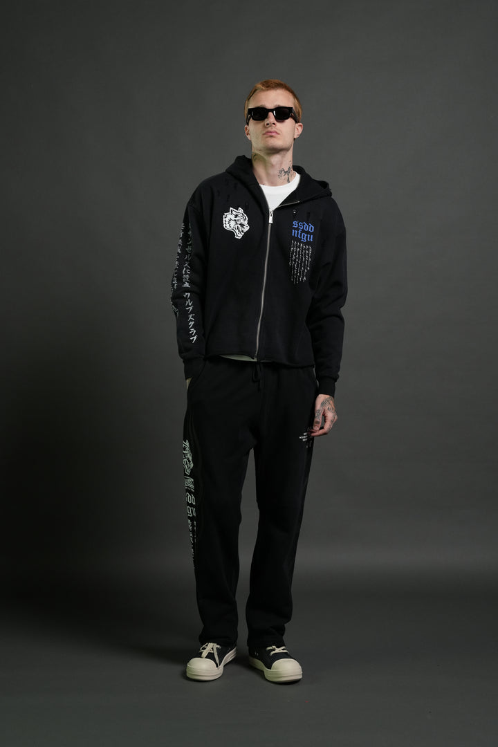 Relentless Distressed Grunge Mid Length Raw Hem Zip Hoodie in Black Sun Fade