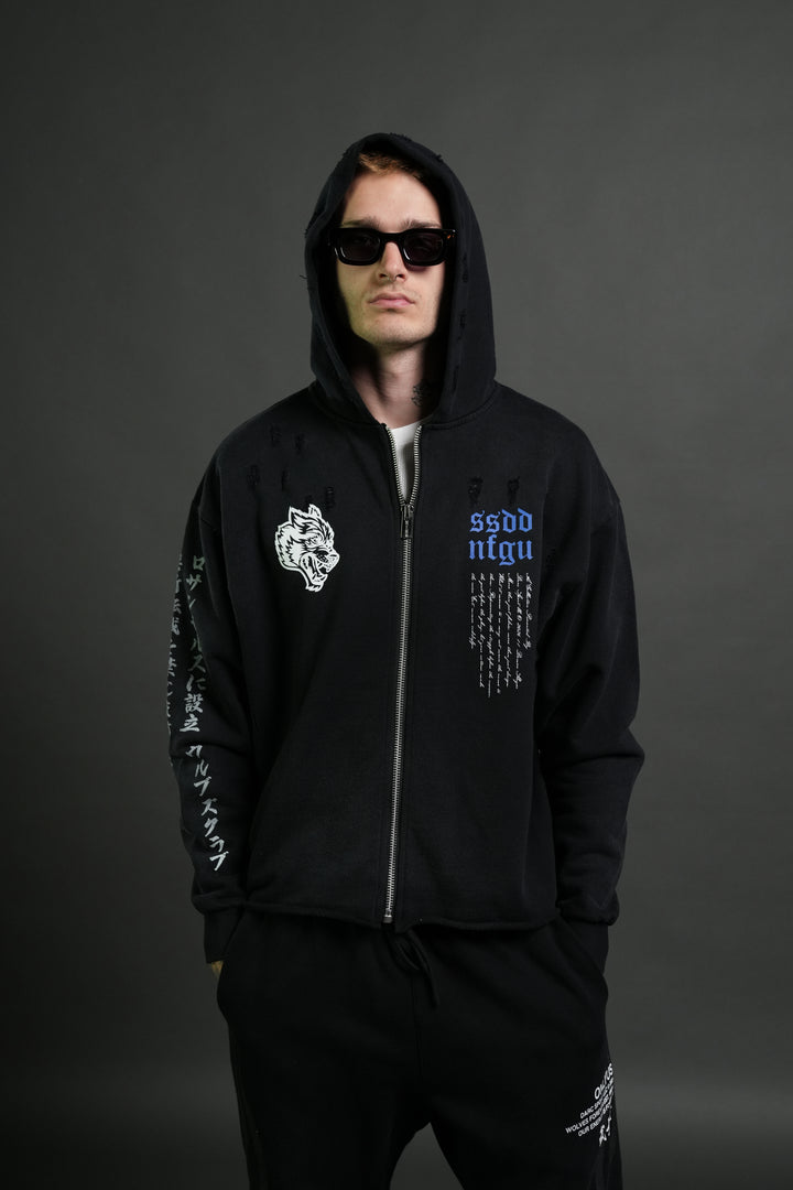 Relentless Distressed Grunge Mid Length Raw Hem Zip Hoodie in Black Sun Fade