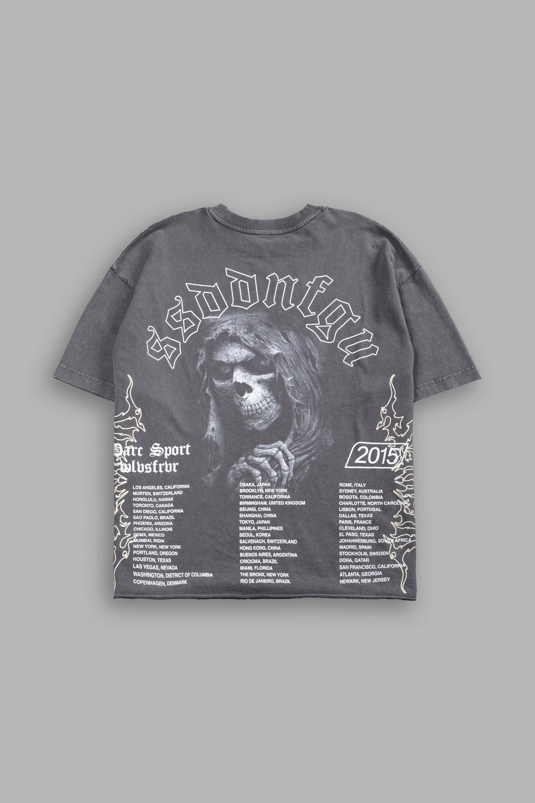 Reaper Tour Grunge Mid Length Raw Hem Tee in Slate Gray