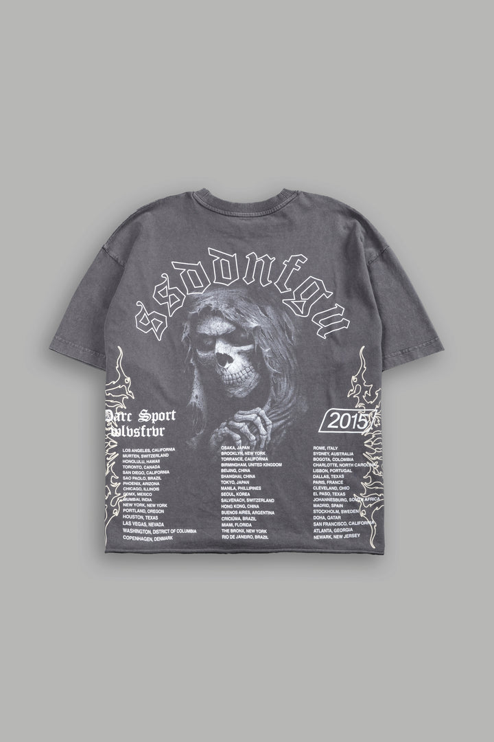 Reaper Tour Grunge Mid Length Raw Hem Tee in Slate Gray