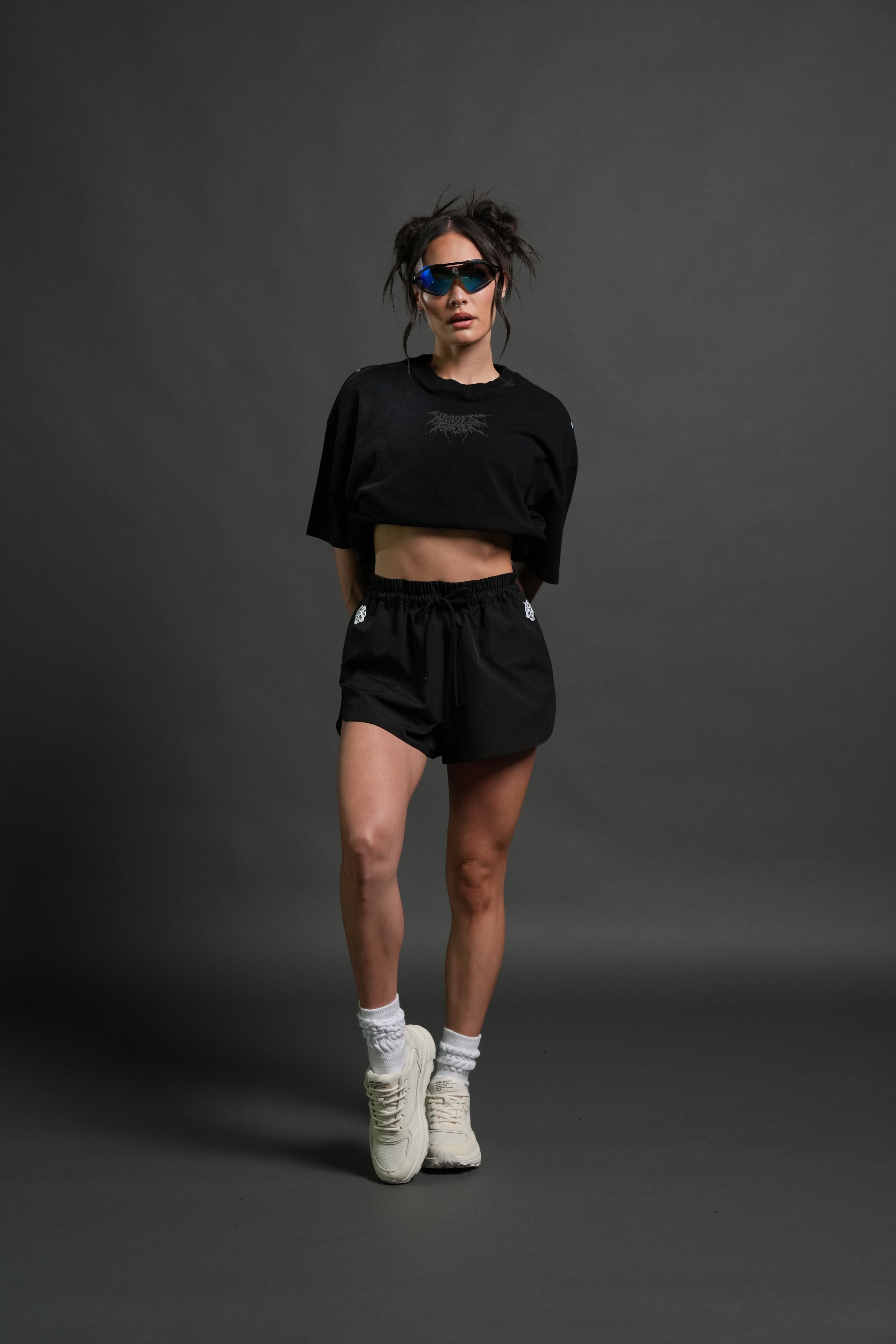 Rise of Beru Grunge Mid-Length Raw Hem Tee in Black Sun Fade