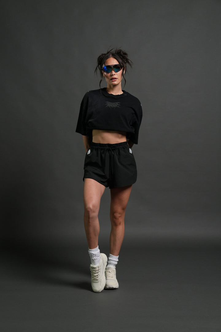 Rise of Beru Grunge Mid-Length Raw Hem Tee in Black Sun Fade