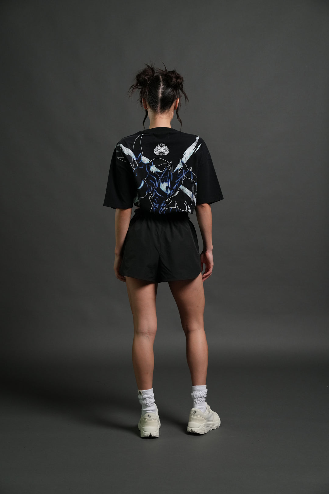 Rise of Beru Grunge Mid-Length Raw Hem Tee in Black Sun Fade