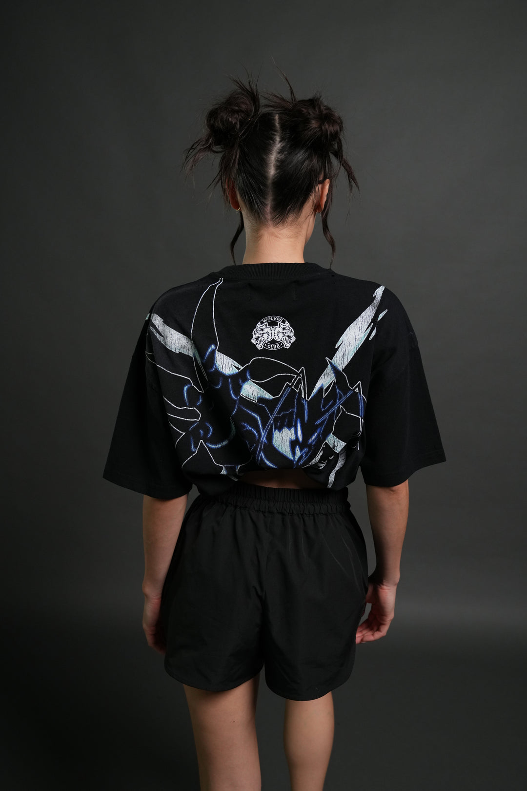 Rise of Beru Grunge Mid-Length Raw Hem Tee in Black Sun Fade
