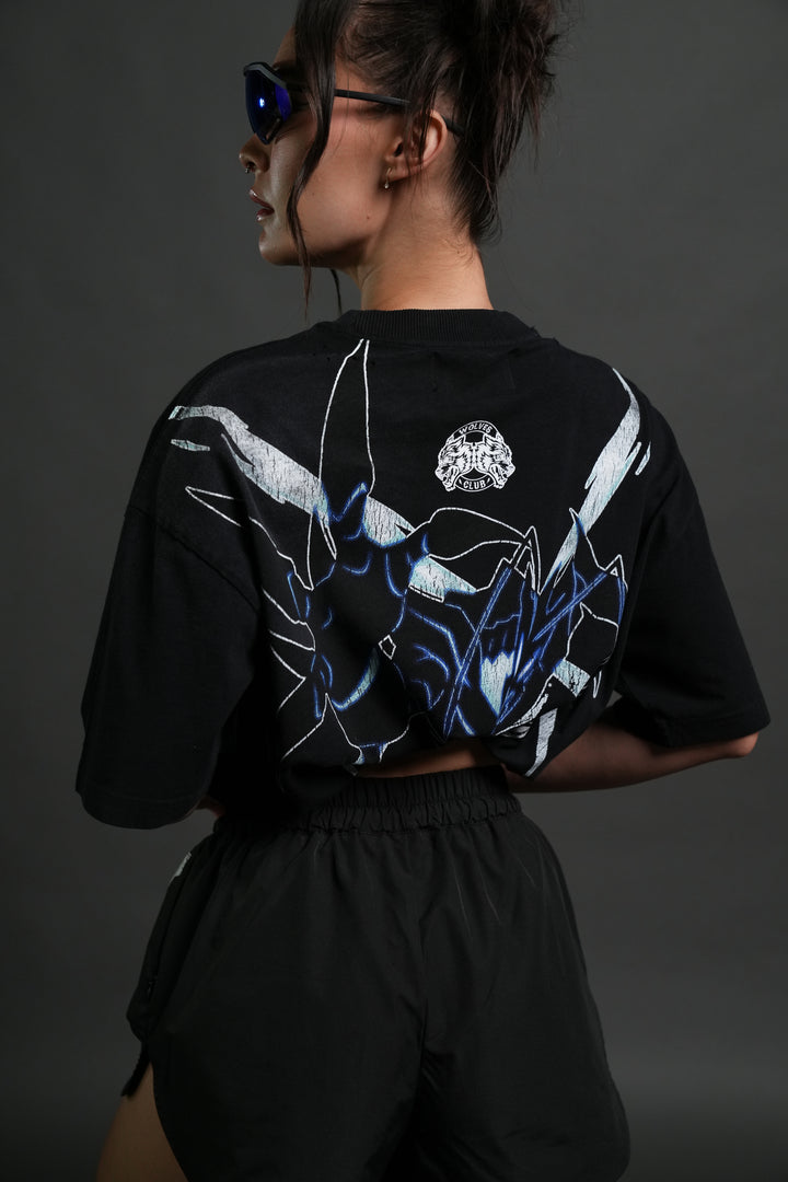 Rise of Beru Grunge Mid-Length Raw Hem Tee in Black Sun Fade