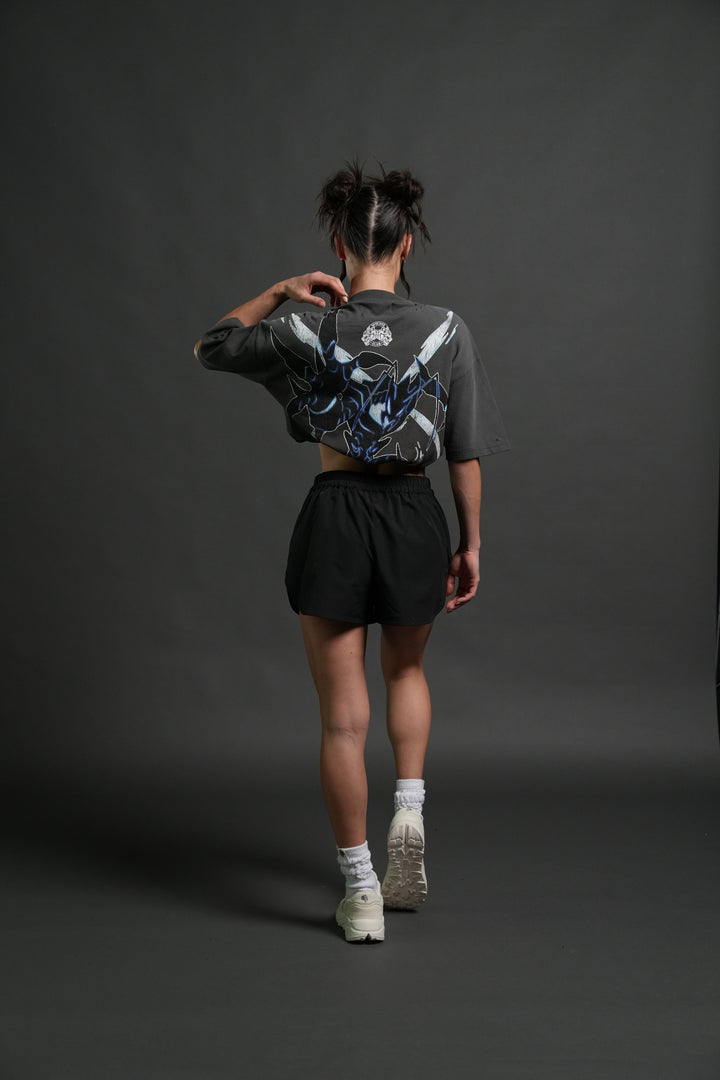 Rise of Beru Grunge Mid-Length Raw Hem Tee in Wolf Gray Sun Fade