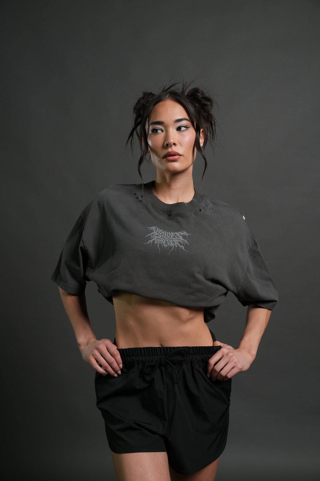 Rise of Beru Grunge Mid-Length Raw Hem Tee in Wolf Gray Sun Fade