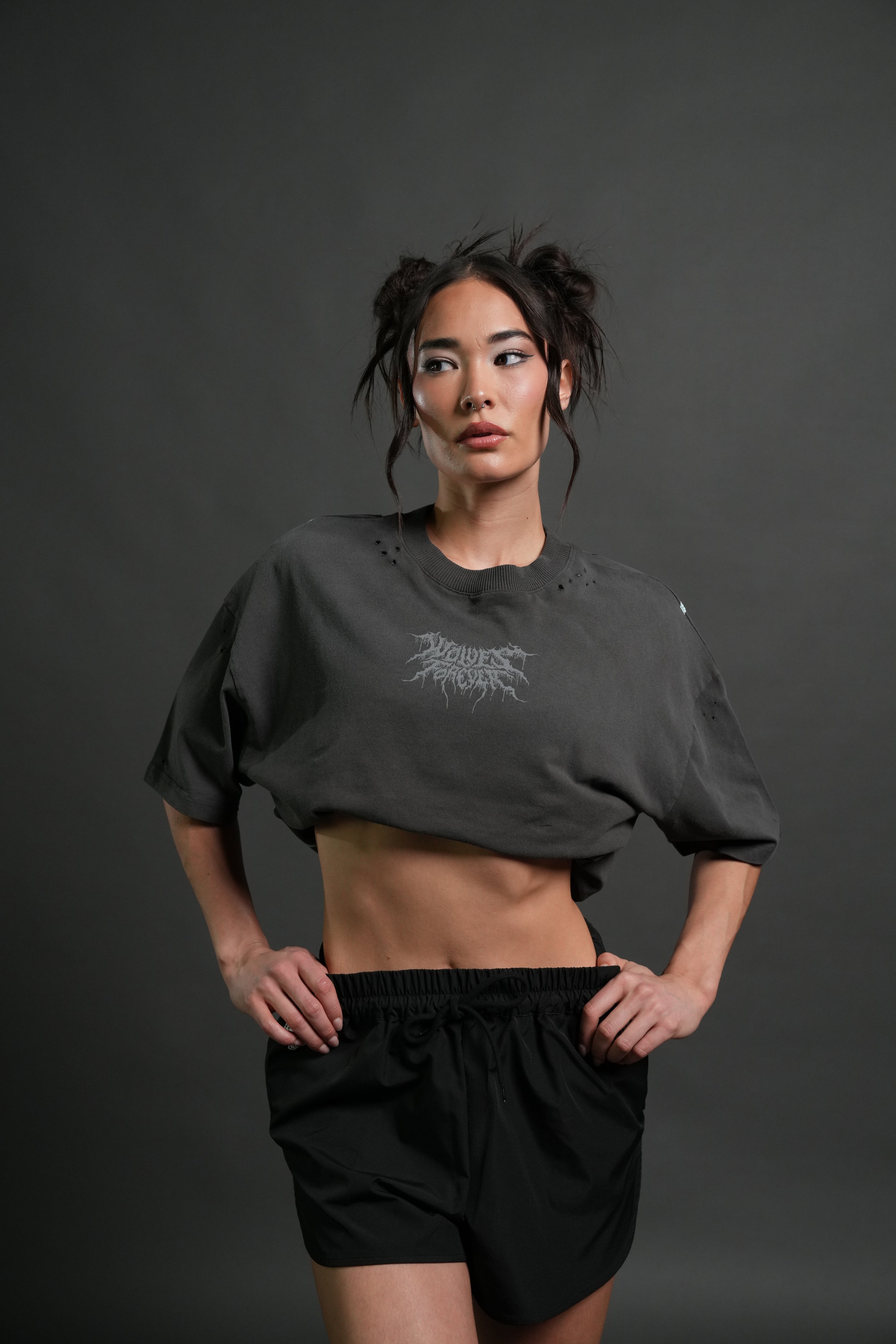 Rise of Beru Grunge Mid-Length Raw Hem Tee in Wolf Gray Sun Fade