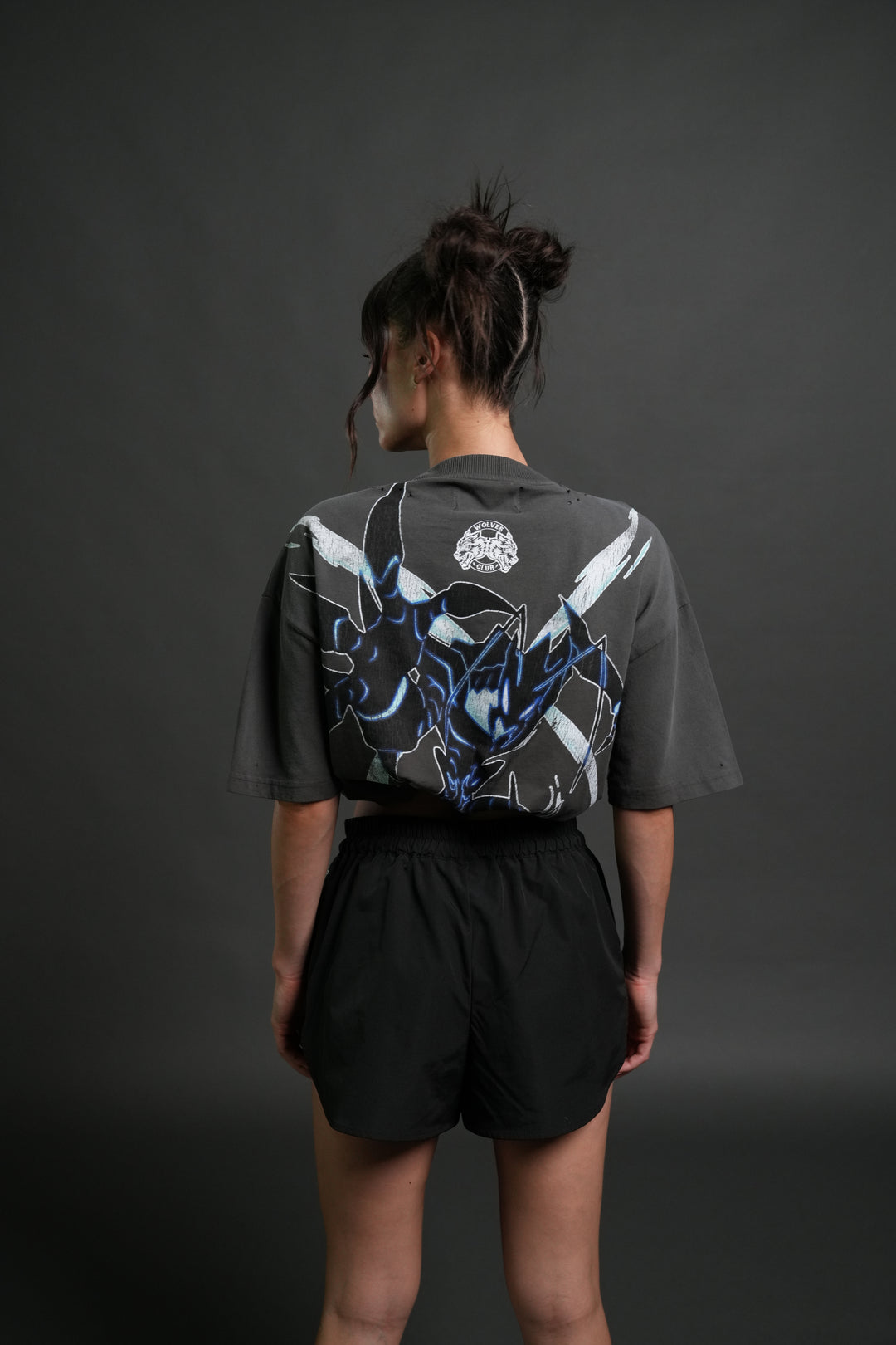 Rise of Beru Grunge Mid-Length Raw Hem Tee in Wolf Gray Sun Fade