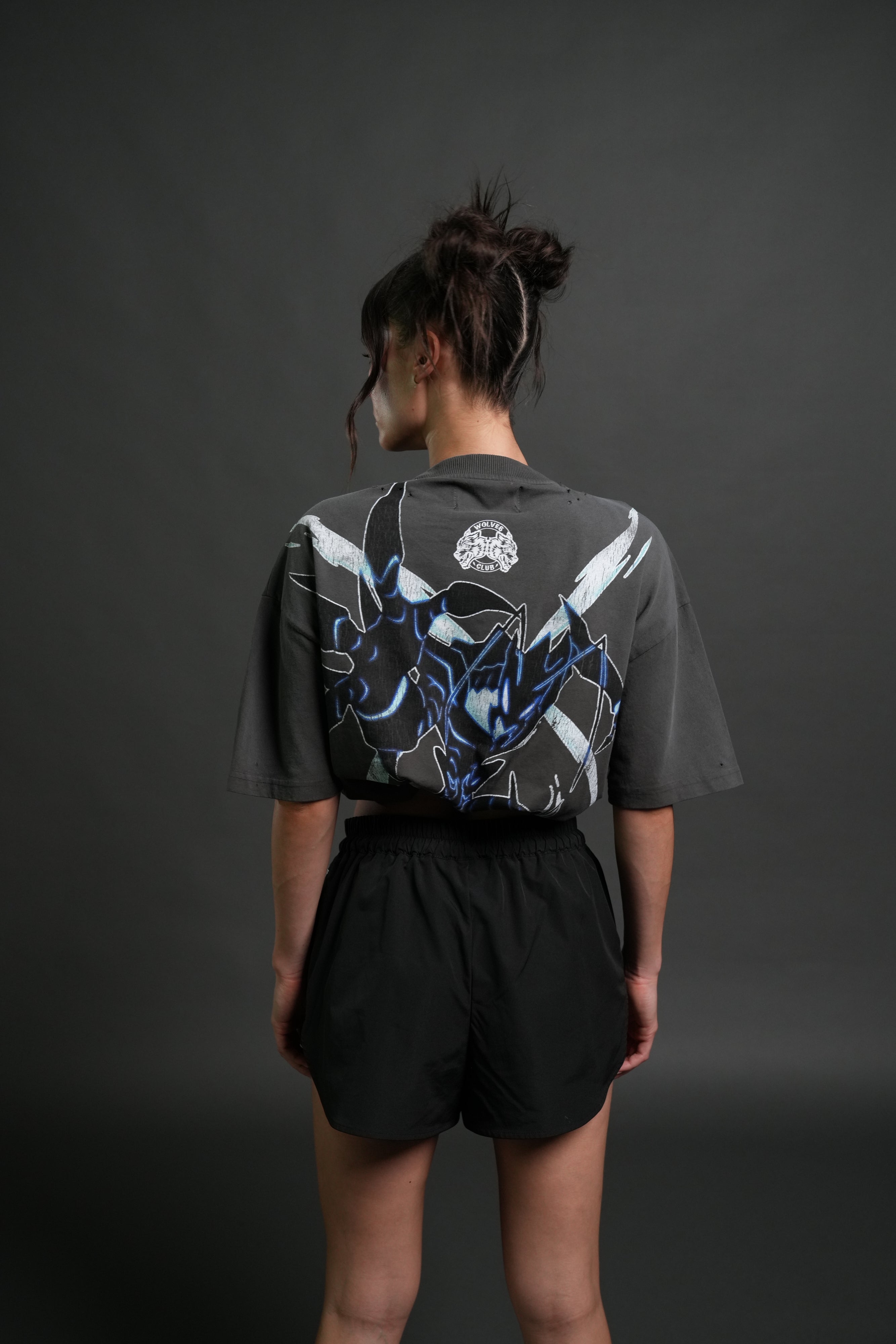 Rise of Beru Grunge Mid-Length Raw Hem Tee in Wolf Gray Sun Fade