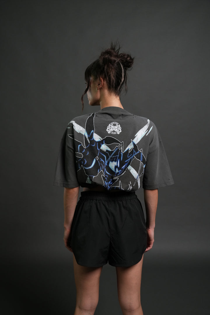 Rise of Beru Grunge Mid-Length Raw Hem Tee in Wolf Gray Sun Fade