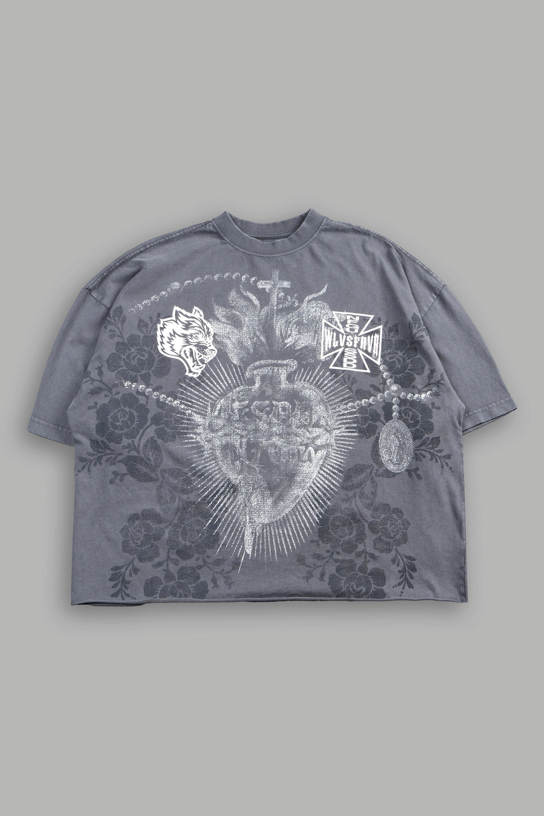 El Rosario Grunge Raw Hem Box Cut Tee In Slate Gray