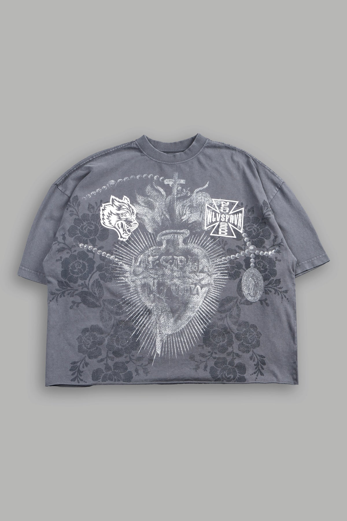 El Rosario Grunge Raw Hem Box Cut Tee In Slate Gray