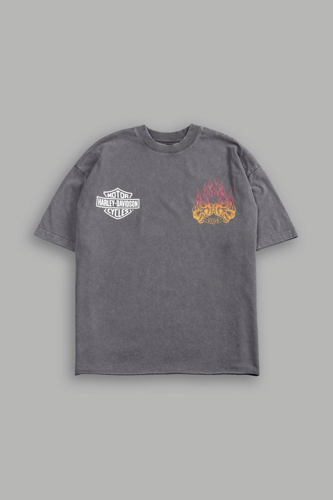 Rising Sun Grunge Mid Length Raw Hem Tee in Slate Gray