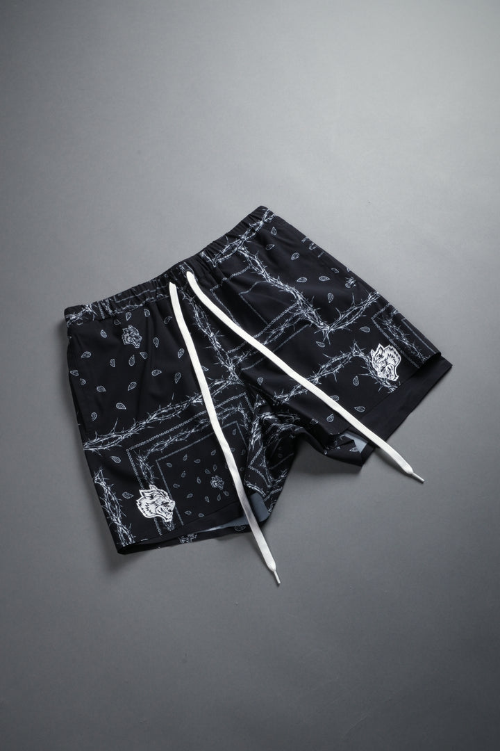 Dual Compression Shorts in Black/White Thorn Paisley