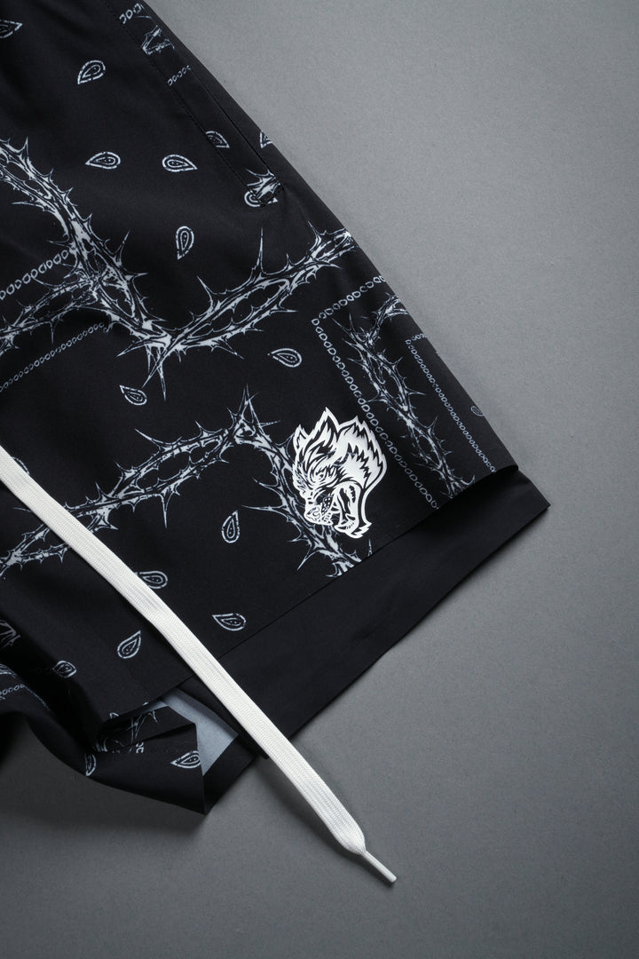 Dual Compression Shorts in Black/White Thorn Paisley