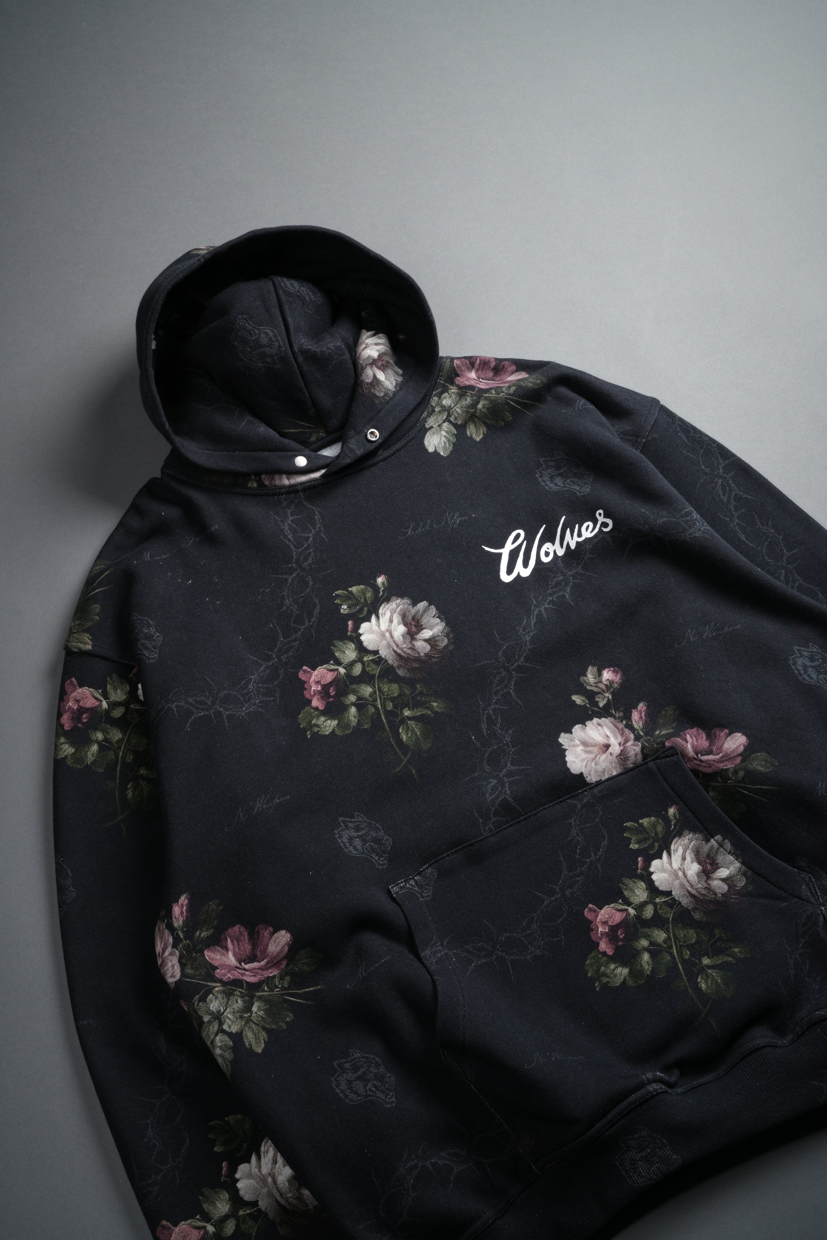 Wolves Script "Pierce" Hoodie in Black Rose Thorn