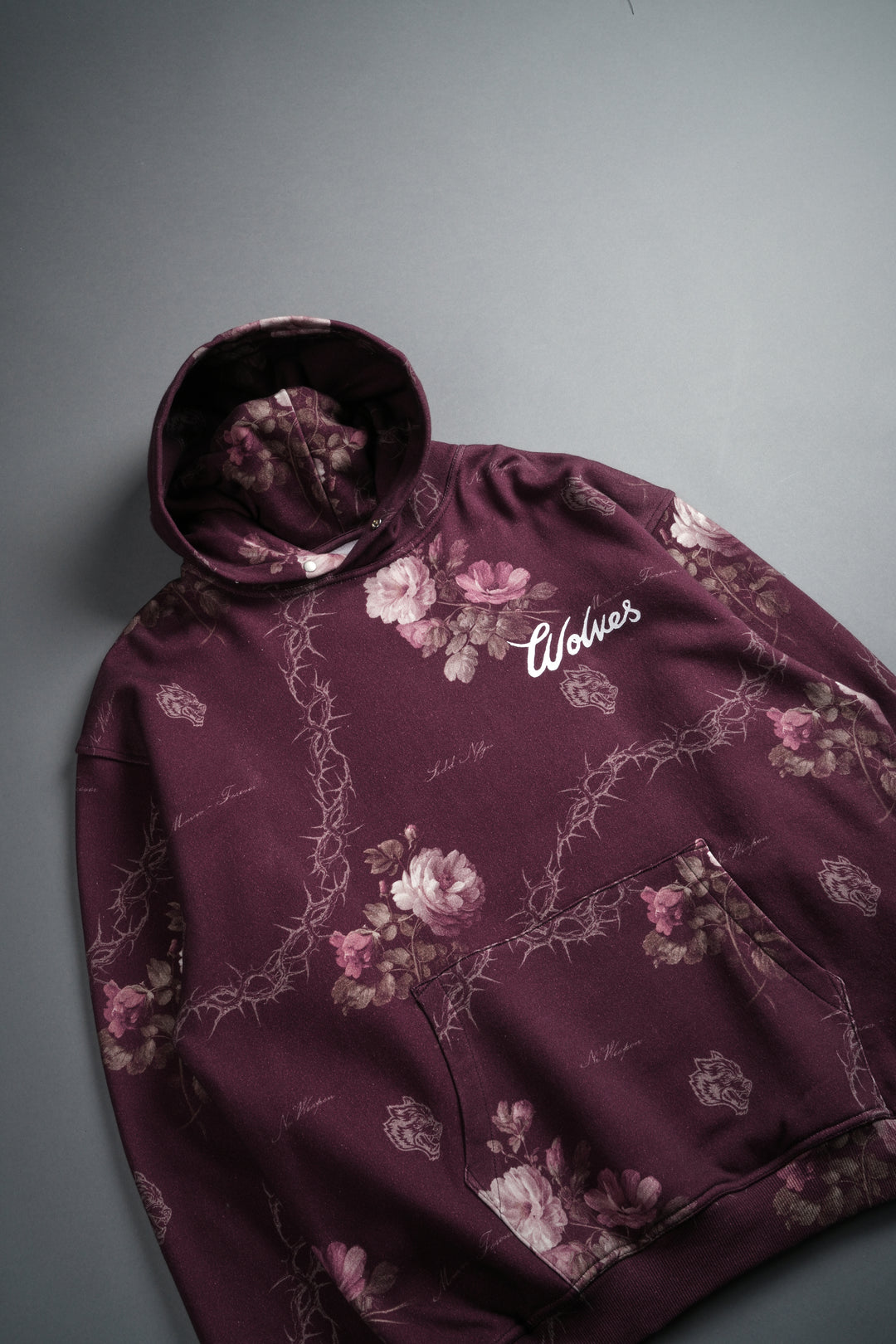Wolves Script "Pierce" Hoodie in Cherry Wine Rose Thorn