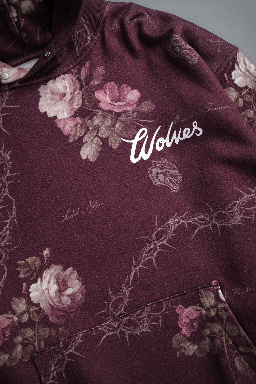 Wolves Script "Pierce" Hoodie in Cherry Wine Rose Thorn