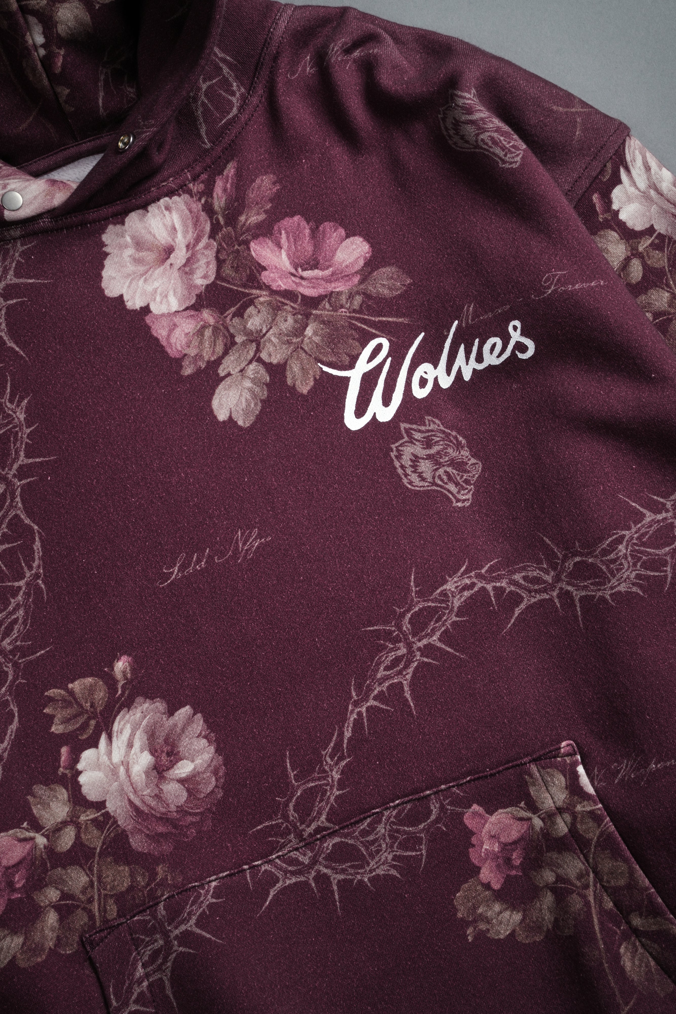 Wolves Script "Pierce" Hoodie in Cherry Wine Rose Thorn