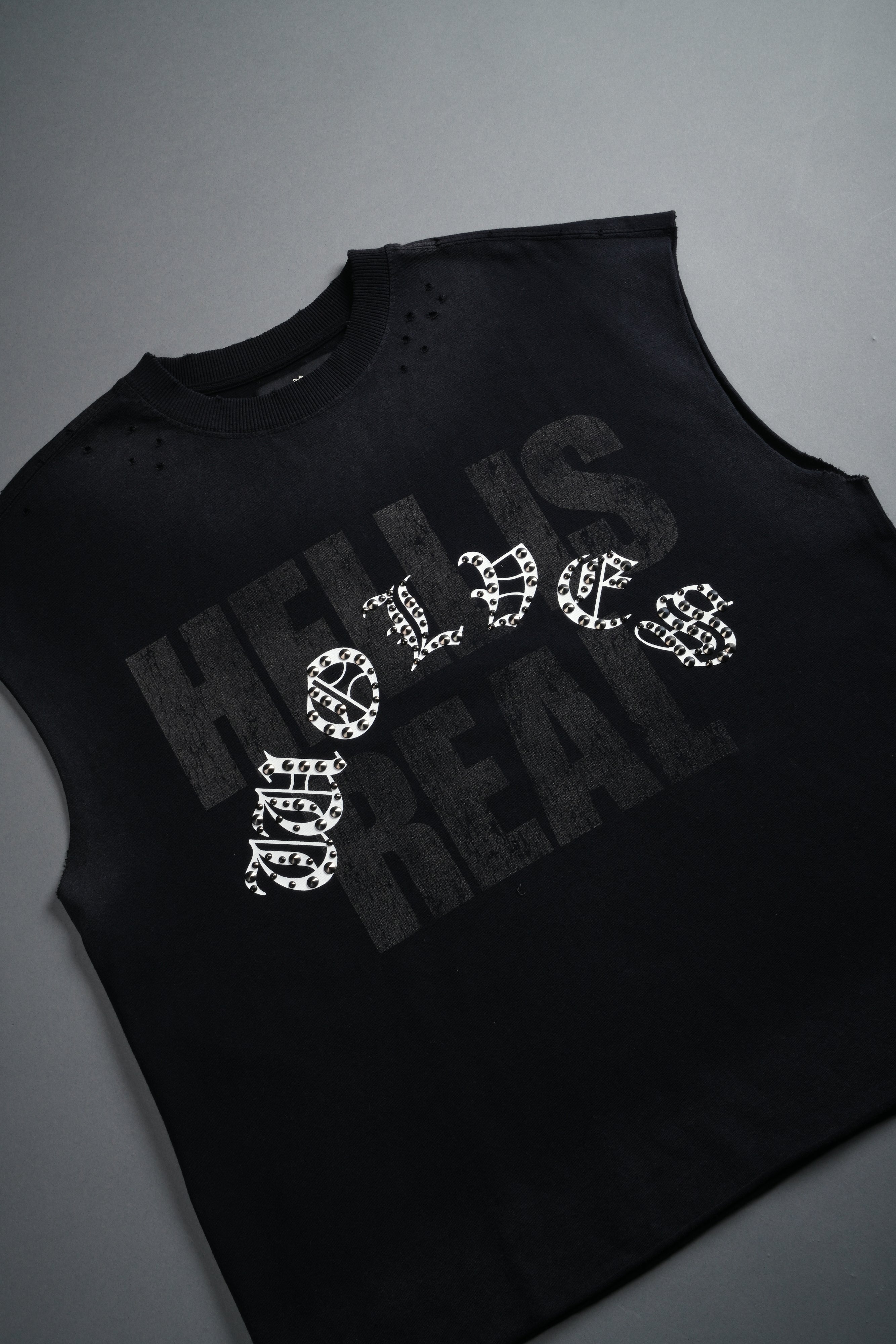 Hell is Real Distressed Grunge Mid-Length Raw Hem Muscle Tee in Black Drift Wash