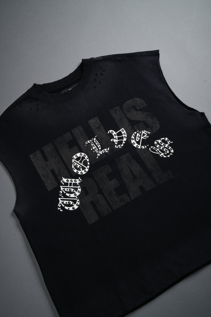 Hell is Real Distressed Grunge Mid-Length Raw Hem Muscle Tee in Black Drift Wash