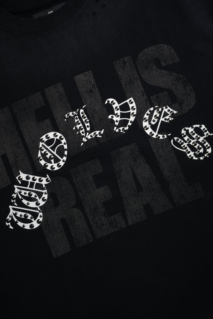 Hell is Real Distressed Grunge Mid-Length Raw Hem Muscle Tee in Black Drift Wash