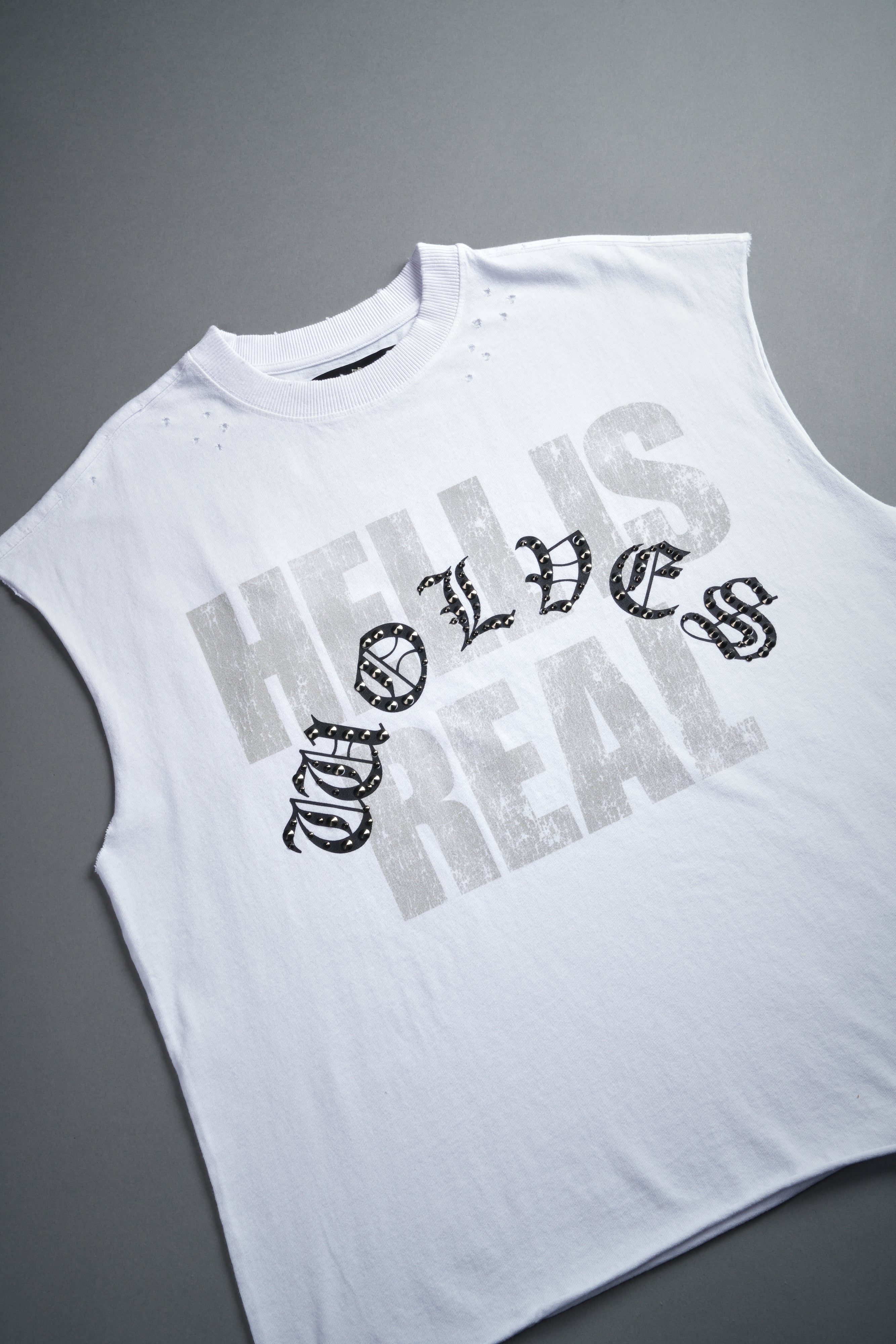 Hell is Real Distressed Grunge Mid-Length Raw Hem Muscle Tee in White