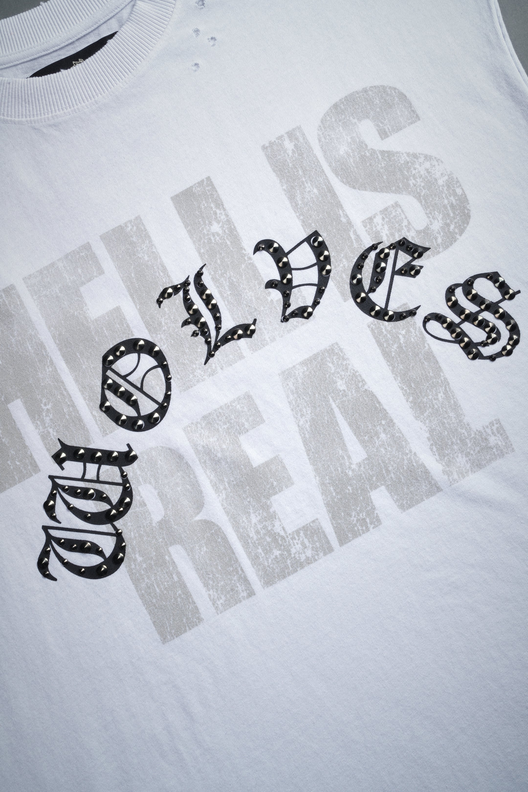 Hell is Real Distressed Grunge Mid-Length Raw Hem Muscle Tee in White