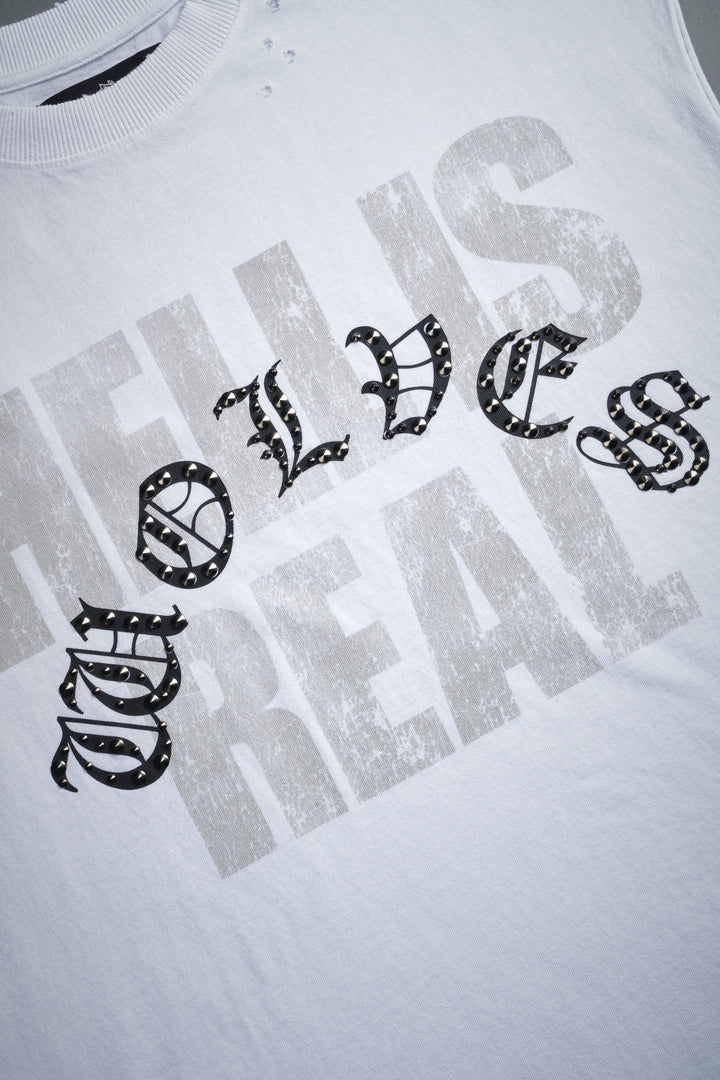 Hell is Real Distressed Grunge Mid-Length Raw Hem Muscle Tee in White