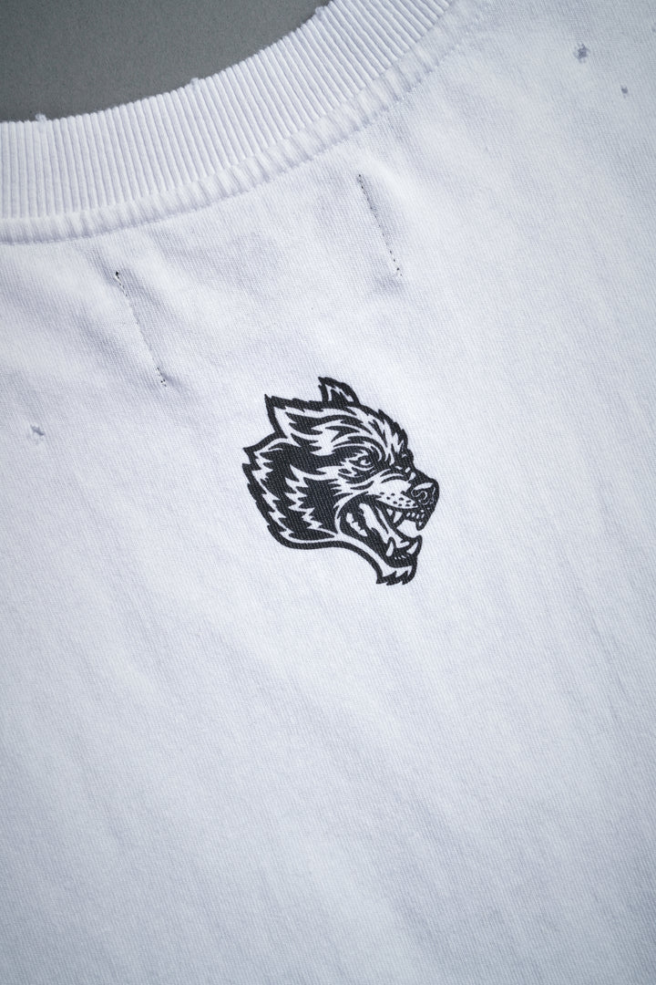 Hell is Real Distressed Grunge Mid-Length Raw Hem Muscle Tee in White