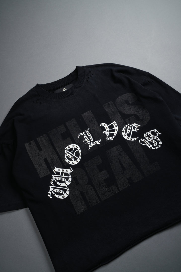 Hell is Real Distressed Grunge "Box Cut" Tee V2 in Black Drift Wash