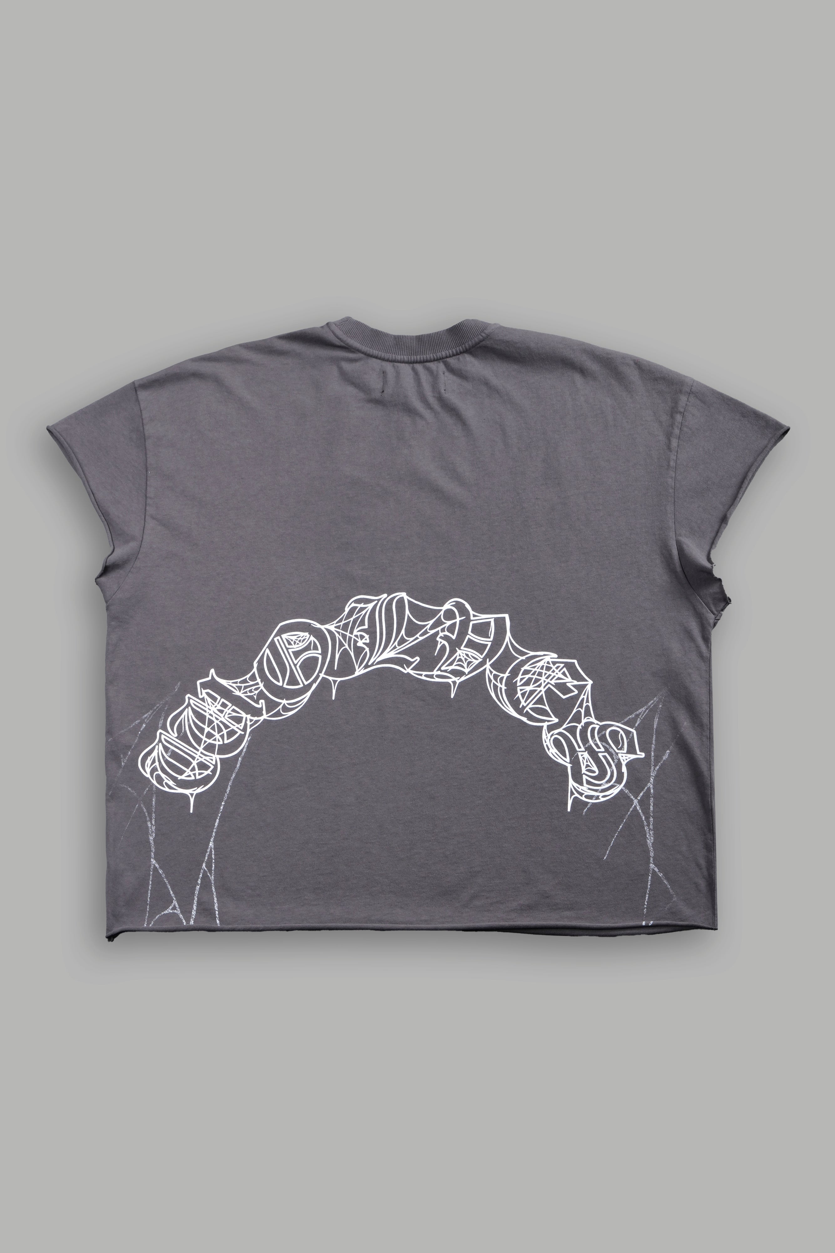 Web Of Darkness Grunge Mid Length Raw Hem Cap Sleeve Tee in Slate
