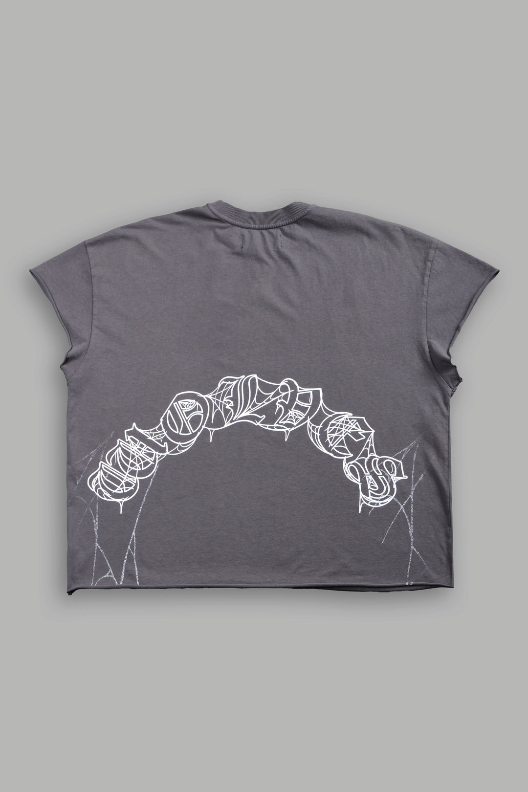 Web Of Darkness Grunge Mid Length Raw Hem Cap Sleeve Tee in Slate Gray