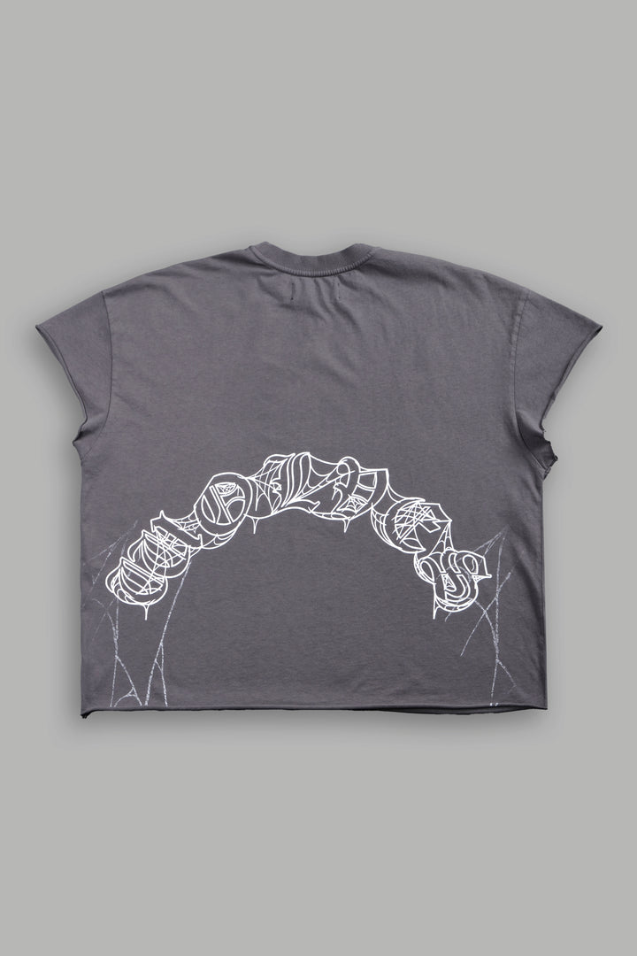 Web Of Darkness Grunge Mid Length Raw Hem Cap Sleeve Tee in Slate Gray