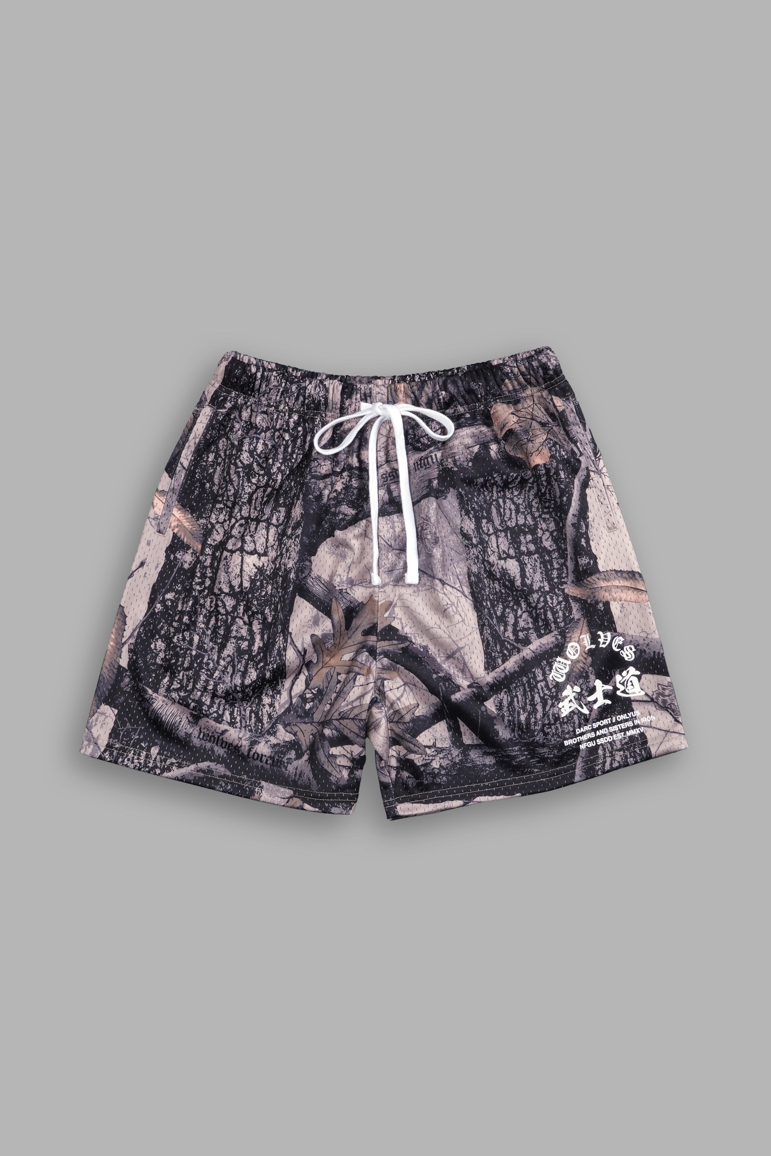 Okami Wolf Mesh Shorts in Clay Woodland Camo