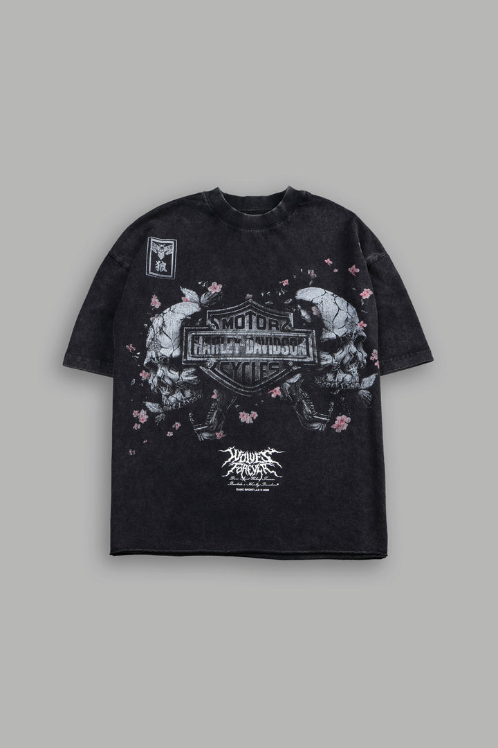 Shattered Bushido Grunge Mid Length Raw Hem Tee in Black