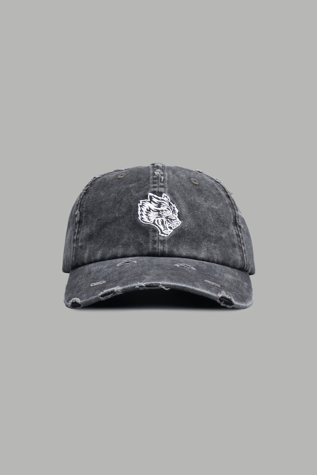 Wolf Head Distressed Dad Hat In Black