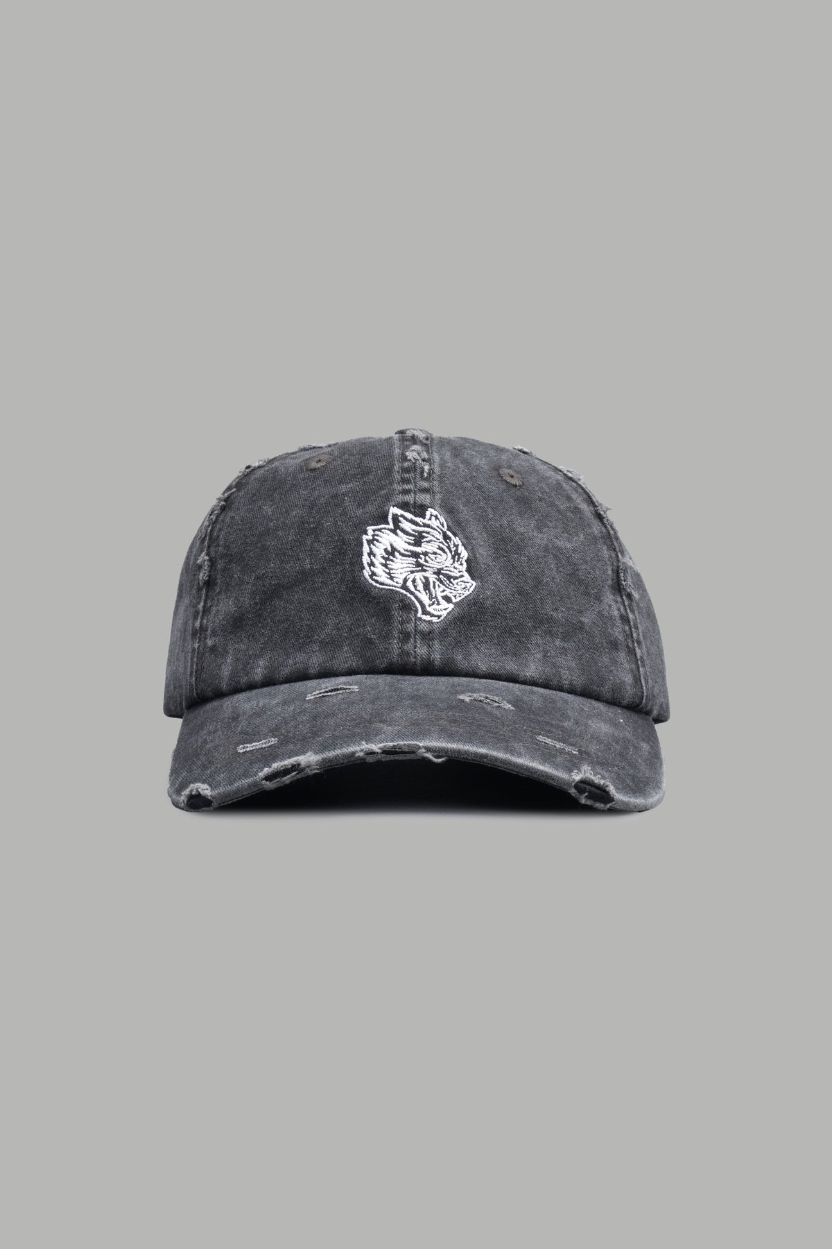 Wolf Head Distressed Dad Hat In Black