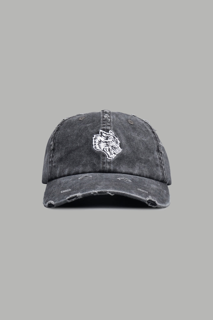 Wolf Head Distressed Dad Hat In Black