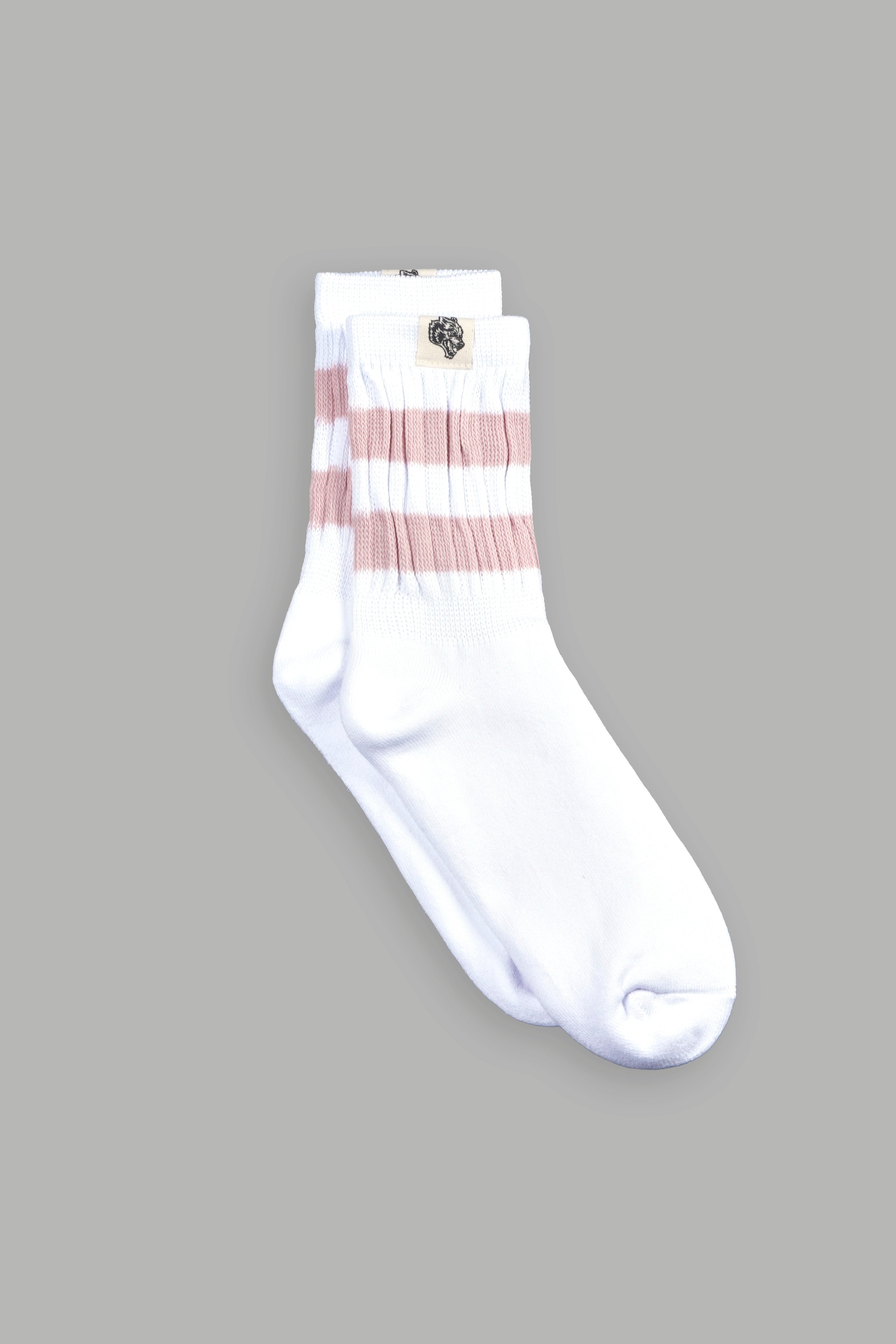 Wolf Patch V2 2 Stripe Comfy Socks in White/Cherry Blossom