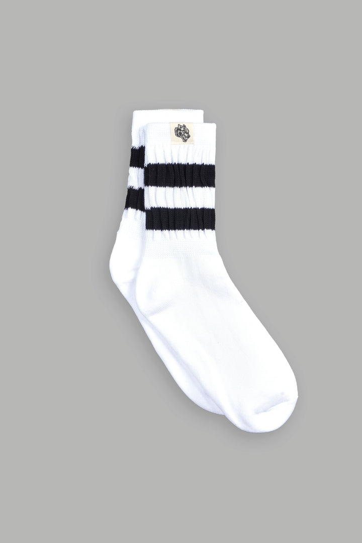 Wolf Patch V2 2 Stripe Comfy Socks in White/Black