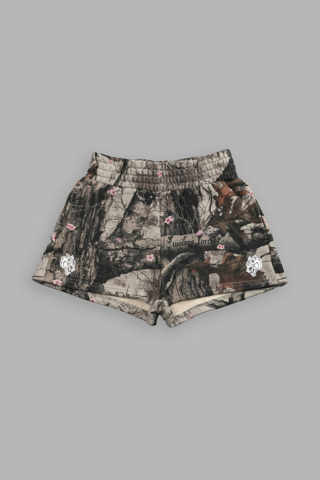 Chopper Appliqué Everson Sweat Shorts in Cherry Blossom Woodland Camo