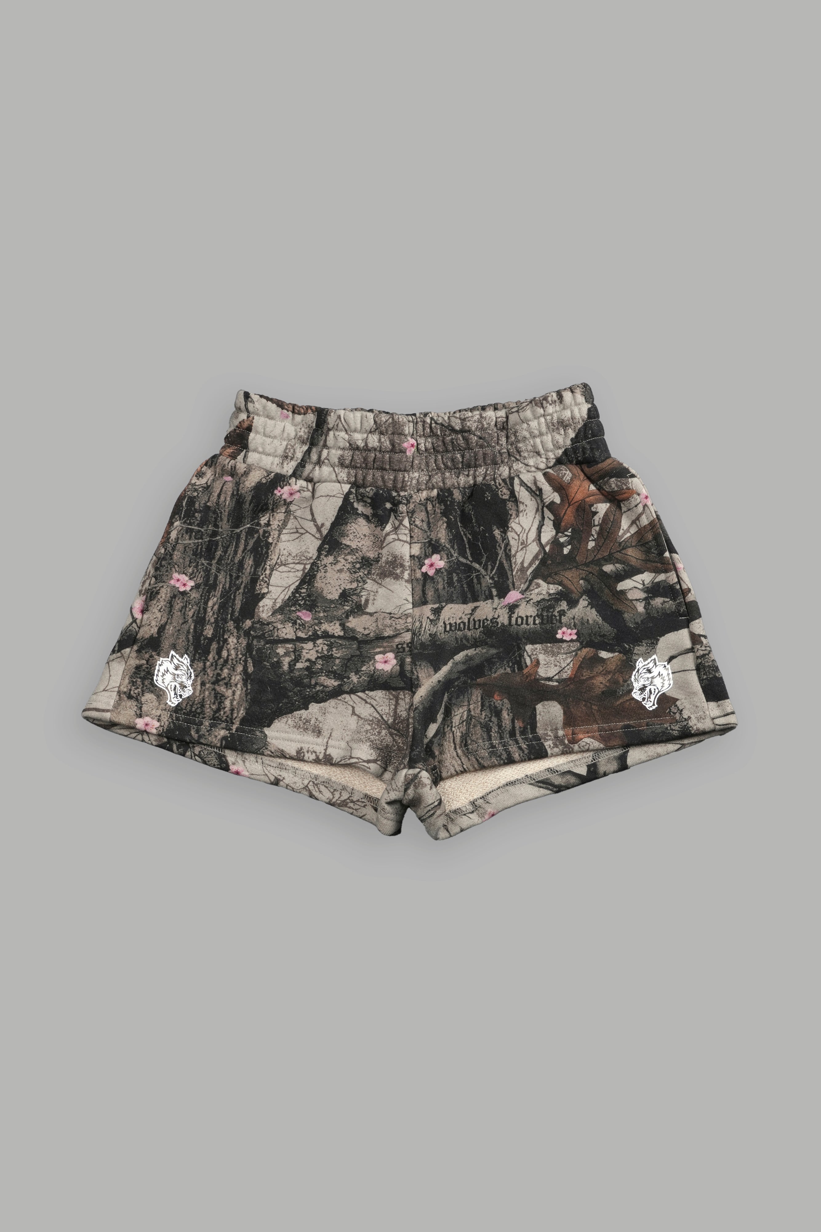 Chopper Appliqué Everson Sweat Shorts in Cherry Blossom Woodland Camo