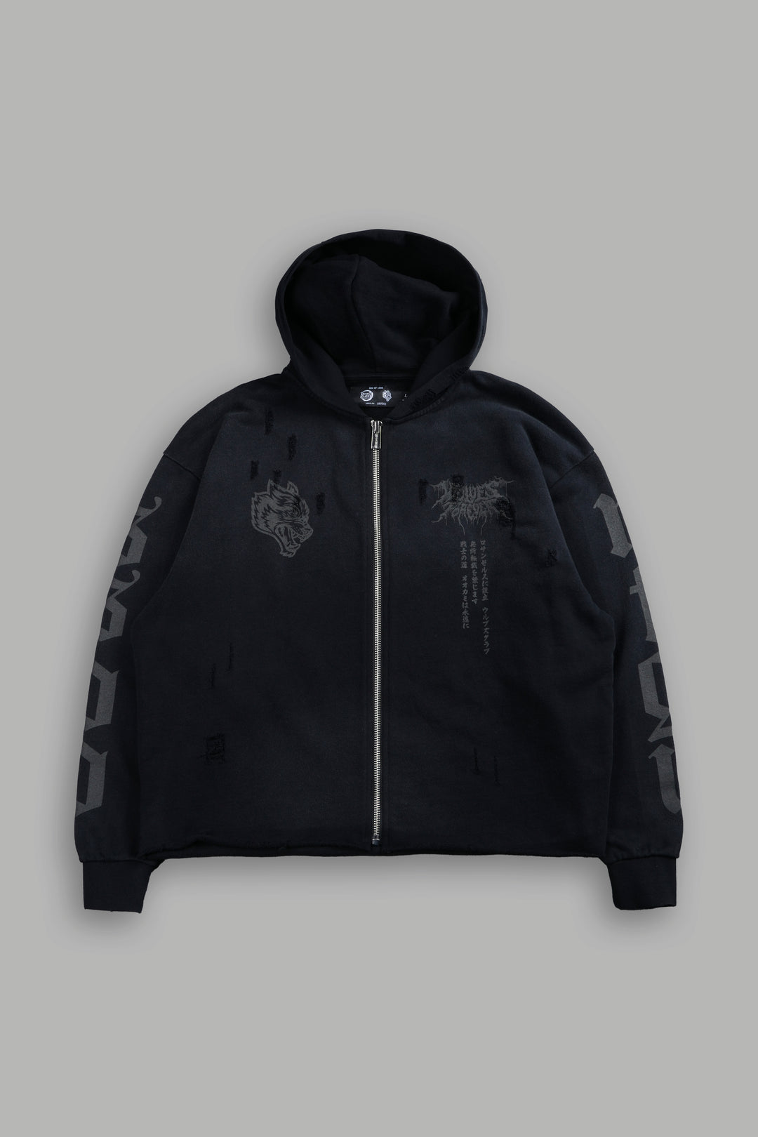 Blood Moon Distressed Grunge Mid Length Raw Hem Zip Hoodie in Black Sun Fade